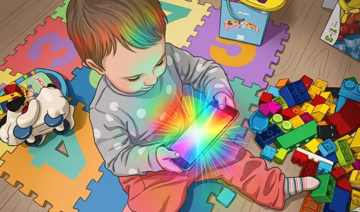 Niño pequeño absorto en un celular, rodeado de juguetes y bloques sin usar