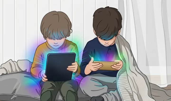 Dos niños sentados en el piso, absortos en una tablet y un celular