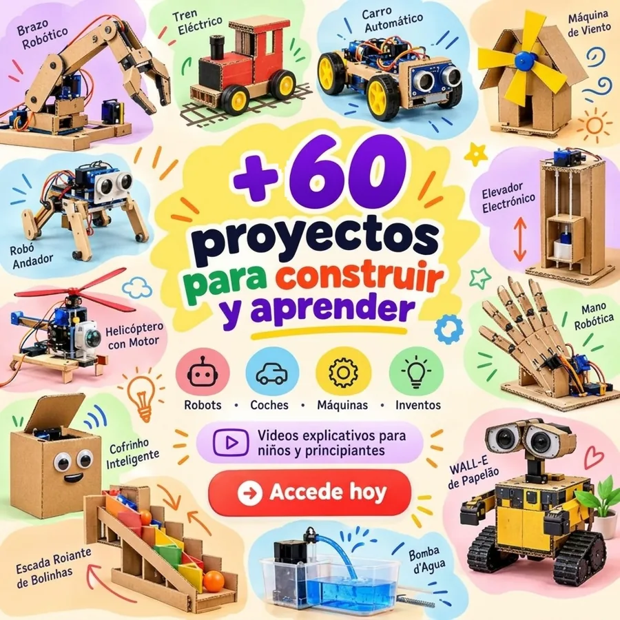 Algunos de los 60 proyectos: brazo robótico, tren, carro automático, máquina de viento, elevador, mano robótica, helicóptero y más, hechos con cartón